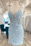 Light Blue Appliques Plunge V Backless Short Homecoming Dress HZ1023
