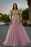 Spaghetti-Straps Tulle A-Line Long Prom Dress With Sequins Beads HZ1023