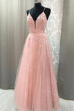 A-Line V Neck Spaghetti Straps Open Back Blush Lace Appliques Long Prom Dresses HZ1023