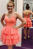Cute Coral Plunge V Lace-Up Tiered Short Homecoming Dress HZ1023