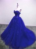 Royal Blue Tulle Strapless Ball Gown Long Prom Dress, Blue Party Dress HZ1023