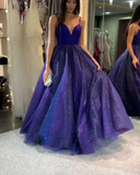 Royal Blue Top Satin Prom Dresses , Prom outfits Long Sparkling Tulle HZ1023