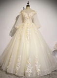 Beautiful Ivory Tulle Long Sleeves Floral Sweet 16 Gown, Party Gowns prom dress HZ1023