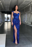 Royal Blue Cap Sleeves Long Sequins Prom Dress Mermaid With Split HZ1023