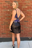 Black luxury gorgeous shiny unique fashion round neck backless butterfly beading short mini sequin evening dress cocktail party dress HZ1023