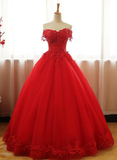 Red Off Shoulder Long Party Dress, A-Line Tulle Evening Dress Formal Gown HZ1023