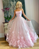 Pink tulle 3d applique long prom dress, pink tulle evening dress HZ1023