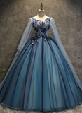 Blue Tulle Ball Gown Long Sweet 16 Dress With Lace Applique, Prom Dress HZ1023