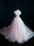 Pink Sweetheart Tulle Long Wedding Party Dress With Belt, Pink Formal Gown HZ1023