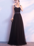 Charming Black Straps Long Tulle Party Dress, Handmade Formal Dress HZ1023