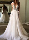 Ivory Tulle V-neck Prom Dresses With Appliques HZ1023