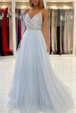 Light Sky Blue Spaghetti-Straps Tulle Long Prom Dress With Beads HZ1023