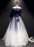 Charming Navy Blue Gradient Tulle With Lace Applique Party Gown, Short Sleeves Formal Dress HZ1023