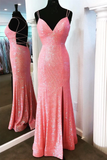 Pink Sequin V-Neck Side Slit Mermaid Long Formal Dress HZ1023
