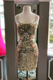 Gold glitter sexy tight spaghetti strap short sequin homecoming dress evening dress cocktail party dress HZ1023
