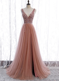Pink Long Sparkle Beaded Tulle Slit Prom Dress,Pink V-Neckline Evening Gown HZ1023