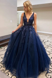A Line V Neck Dark Blue Lace Beaded Prom Dresses, Dark Blue Lace Long Formal Evening Dresses HZ1023