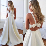 White fashion backless satin A-line long elegant trailing back bow ball gown evening dress wedding dress HZ1023