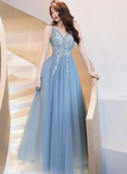 Charming Blue V-Neckline Tulle Party Dress With Staps, Long Prom Dress HZ1023