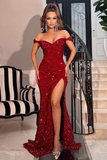 Red Off-The-Shoulder Sweetheart Sequins Mermaid Prom Dress With Split HZ1023