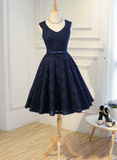 Navy Blue Lace Vintage Knee Length Bridesmaid Dress, Charming Lace Party Dress HZ1023