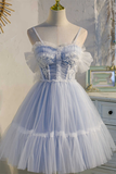 Dreamy Sky Blue Spaghetti Straps Bow-Back Short Party Dress HZ1023