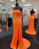 Mermaid Sequined Orange Prom Dress with Slit HZ1023