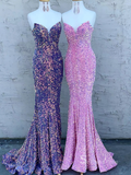 Mermaid Sparkly Sleeveless Prom Dresses V neck Sequins Evening Dresses HZ1023
