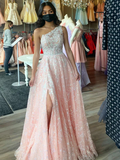 Simple A-line One-Shoulder Lace Long Prom Dresses HZ1023