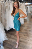Teal Blue Sequins V-Neck Short Homecoming Dress HZ1023