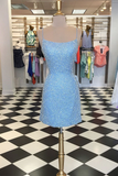 Sky Blue Sequin Lace-Up Back Short Dress HZ1023