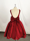 Dark Red Satin Backless Vintage Style Party Dress With Bow, High Quality Handmade Dress HZ1023