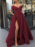 Custom Made High Slit Off Shoulder Burgundy Prom Dress, Burgundy Formal Dresses, Graduation Dresses HZ1023