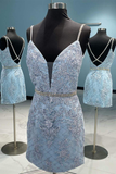 Straps Light Blue Embroidered Bodycon Party Dress HZ1023