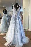 Light blue lace tulle long prom dress, blue formal dress HZ1023
