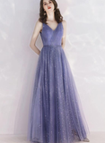 Charming Tulle Purple V-Neckline Long Formal Dress, Shiny Tulle Low Back Wedding Party Dress HZ1023