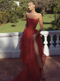 Red prom dress off shoulder party dress strapless evening dress lace tulle party dress sexy high slit formal dress HZ1023