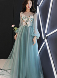 Light Green Tulle Long Party Dress With Flowers, Long Formal Dresses HZ1023