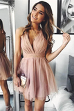 Cute V Neck Above Knee Pink Ruffles Tulle Short Prom Dresses Homecoming Dresses HZ1023