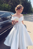 A Line Ankle Length Homecoming Dress, Ivory Off Shoulder Satin Short Wedding Dresses HZ1023