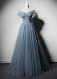 Grey-Blue Tulle Off Shoulder Beaded Long Prom Dress Party Dress, Long Evening Gowns HZ1023