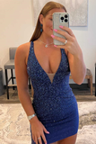 Dark Blue Beaded Plunge Neck Bodycon Mini Party Dress HZ1023