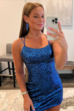Blue Sequins Lace-Up Mini Homecoming Dress HZ1023