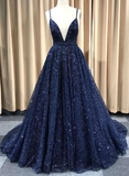 A Line V Neck Navy Blue Shiny Long Prom Dresses, Charming Blue Tulle Party Dress Evening Dress HZ1023