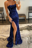Royal Blue Strapless Mermaid Prom Dress Split With Sequins HZ1023
