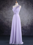 Light Purple One Shoulder Lace Applique Chiffon Party Dress, A-Line Bridesmaid Dress HZ1023