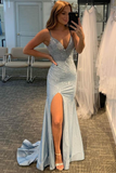 Shiny mermaid light blue sequin long prom dress evening gown HZ1023