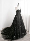 Black Sweetheart Tulle Straps Long Evening Dress, Black Formal Dress Party Dresses Prom dress HZ1023