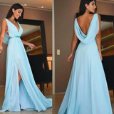 chiffon prom dresses deep v neck pleats draped a line side slit chiffon a line long evening dresses HZ1023