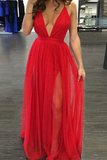 Red Deep V-Neck Long Prom Dress With Slit HZ1023